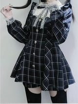 Womens Lolita Kawaii Sweet Lace Patchwork Plaid Dress Fairy Grunge Ruffled Long Sleeve Dresses Y2k Aesthetic Lolita Vestidos