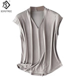 Birdtree, 23% Silk 77% Viscose Solid T Shirt, V-Neck Soft Basics Tops, Women's Sleeveless Casual Shirt, 2026 Spring New T62216JF
