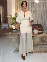 Crew Neck Short Sleeve Buttoned Paneled Midi Dress Fitted Bodice Flowing 2026 Spring Women Knit Skirt Fashion Elegant Lady Gown