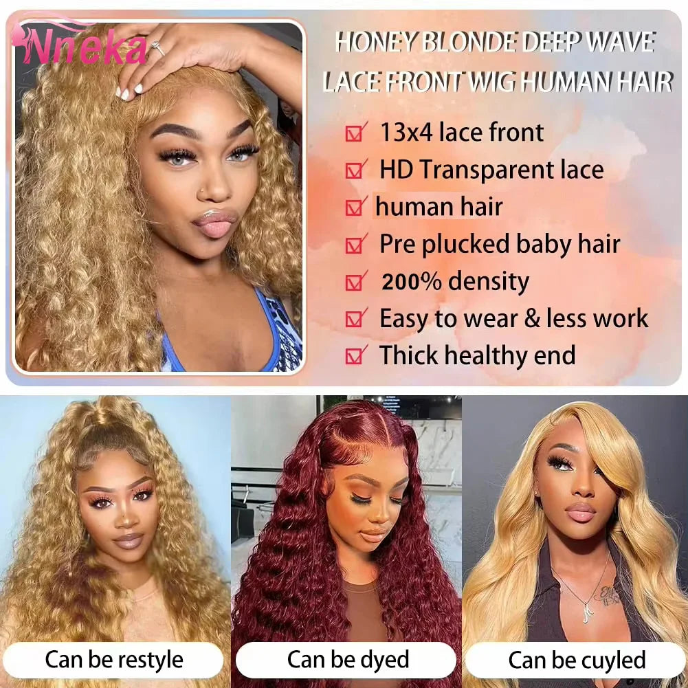 Curly Honey Blonde Wig Human Hair 13x6 Deep Wave Frontal Wigs For Women 13x4 Hd Water Wave Lace Front Wig #27 Colored Wig 30Inch