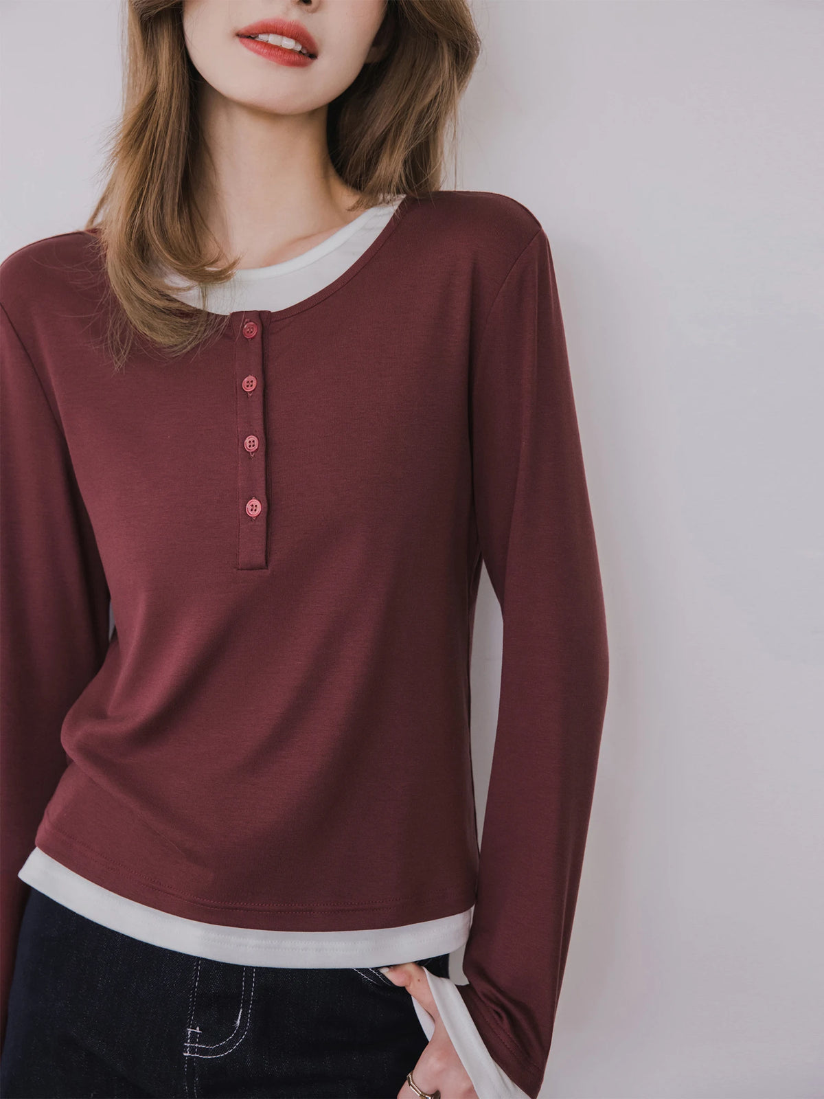 XIAOGULI Lyocell Long Sleeve T-shirt Women Basic Layering Top 2026 Autumn New Fake Two Piece Slim Fit Layerable Outer Top
