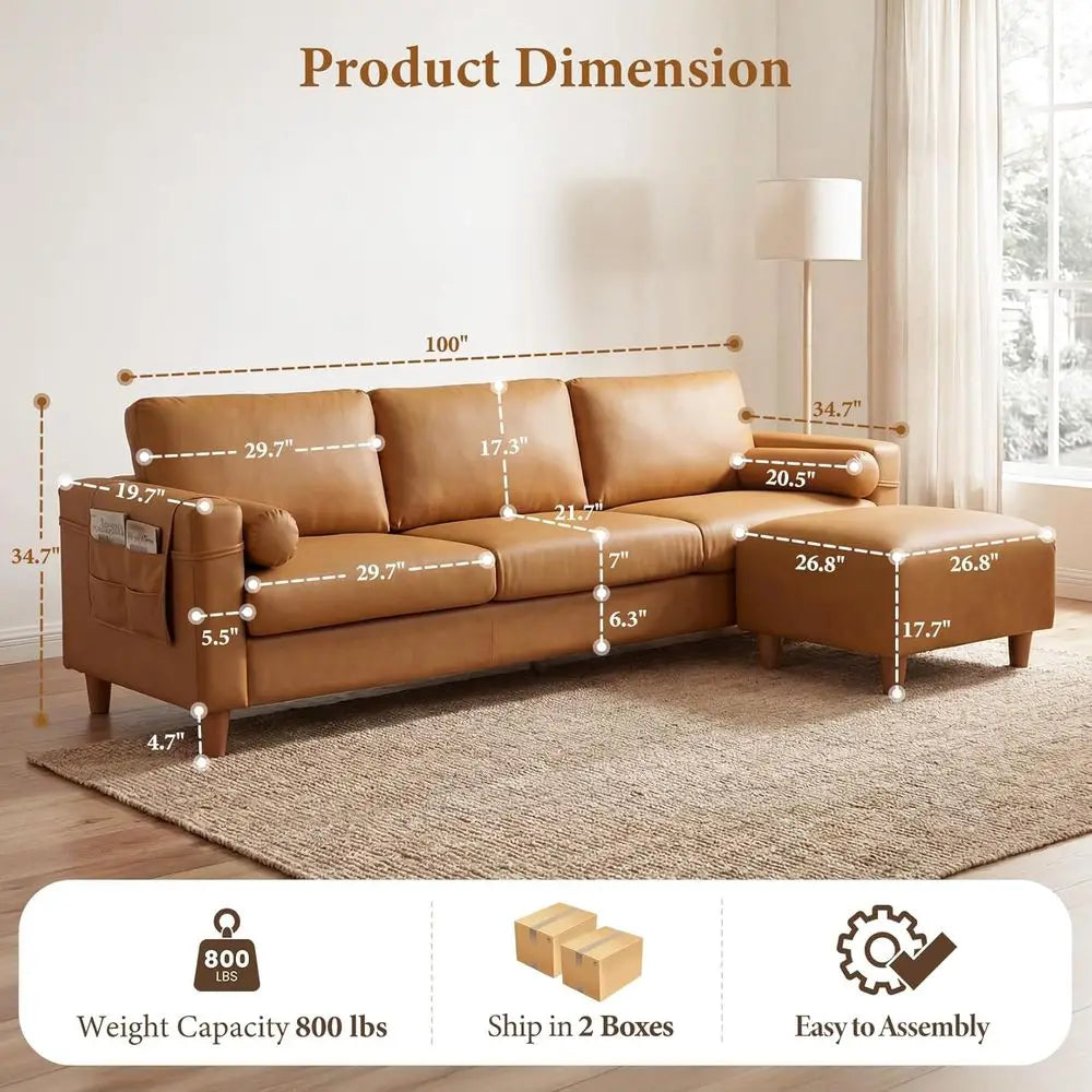 3 Seater L-Shaped PU Leather Sofa with Movable Ottoman for Living Room in Camel Color