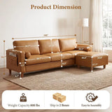 3 Seater L-Shaped PU Leather Sofa with Movable Ottoman for Living Room in Camel Color