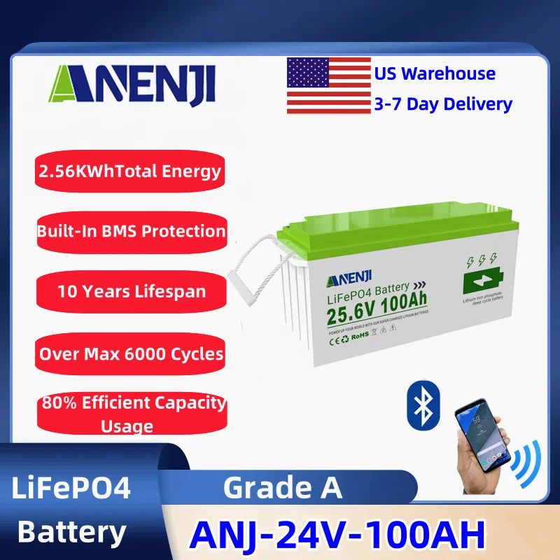 ANENJI 24V 100AH 12.8V 300AH LiFePO4 Battery Deep 6000+ Cycles BMS Lithium Iron Phosphate Battery Solar Energy Lithium Bateria Pack Batteries For RV Inverter Solar Panel