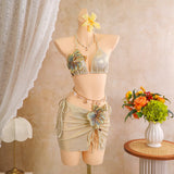 Sparkly 3 Piece Bikini Set with Skirt Women 3D Flower Halter Micro Swimsuit Shiny Ruched Drawstring Sarong Swimwear Bathing Suit