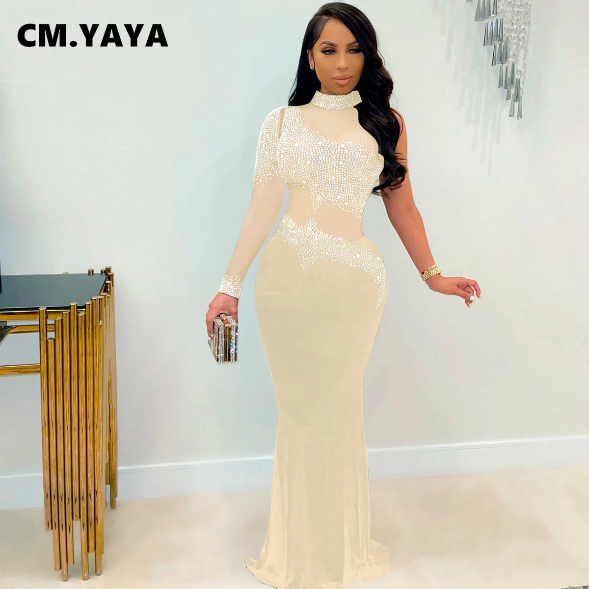 CM.YAYA Women Diamonds Hot Rhinestones Bodycon Midi Maxi Mermaid Dress Elegant Sexy Party Club One Long Sleeve Long Dresses