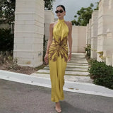 2026 Summer Printed Halter Maxi Dress Women Sleeveless Pleated Chic Satin Long Dresses Fashion Vacation Beach Party Lady Robe