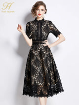 H Han Queen Spring New Elegant Casual Work Party Dresses Floral Crochet Hollow Out Lace Patchwork Casual Office Midi Dress