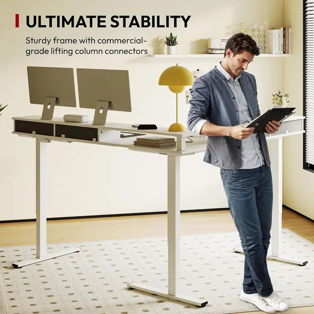71 Adjustable Height L-Shaped Desk, White Top, with 4 Drawers and Monitor Stand for Gaming and Standing Work
