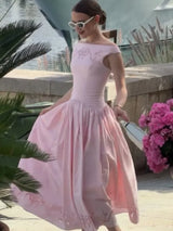 Chic Vintage White Boat Neck Dress Embroidered Cap Sleeve Cutwork Hem High Waist Flowy A-line Gown 2026 New Evening Party Outfit