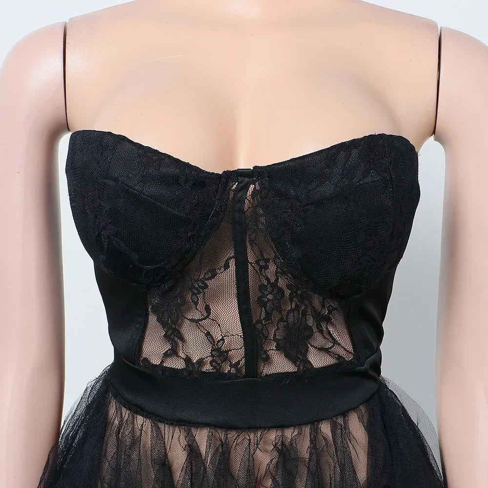 CM.YAYA Women Mesh See Though Lace Patchwork Cascading Ruffles High Side Split Bodycon Maxi Dress Sexy Night Party Long Dresses