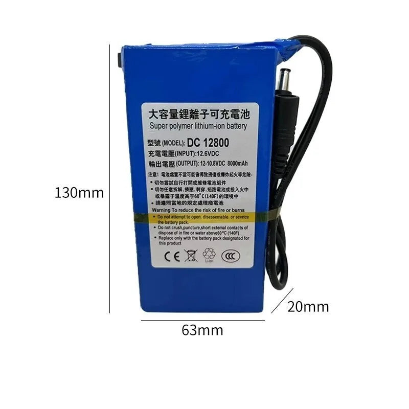 12.6V 8000mAh DC12800 Rechargeable Lithium Battery for Street Light Instrument LED Standby Power Cell+US Charger