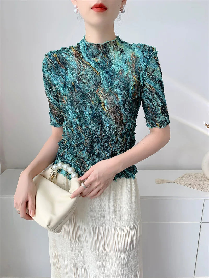 Miyake Style Handmade Pleated Top for Women 2025 Summer New Comfortable Casual Slit Loose Round Neck Short-sleeved T-shir Woment