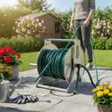 Heavy-Duty Water Hose Reel, Stable Garden Hose Storage Rack with Handle and Fittings for Home Garden, Yard, and Outdoor Cleaning