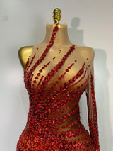 Sexy Red Mesh See Through Diamonds Sequins Dress Luxury Birthday Evening Party Costume Bar Nightclub Stage Performance Outfit