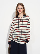 FSLE Women's Color Block Striped Long-Sleeve T-Shirt with Lapel Collar, Spring 2026 New Style Loose American Retro Top