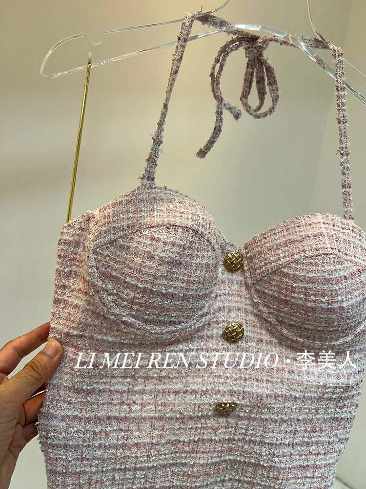 New Rough tweed delicate pink one-piece swimsuit for women