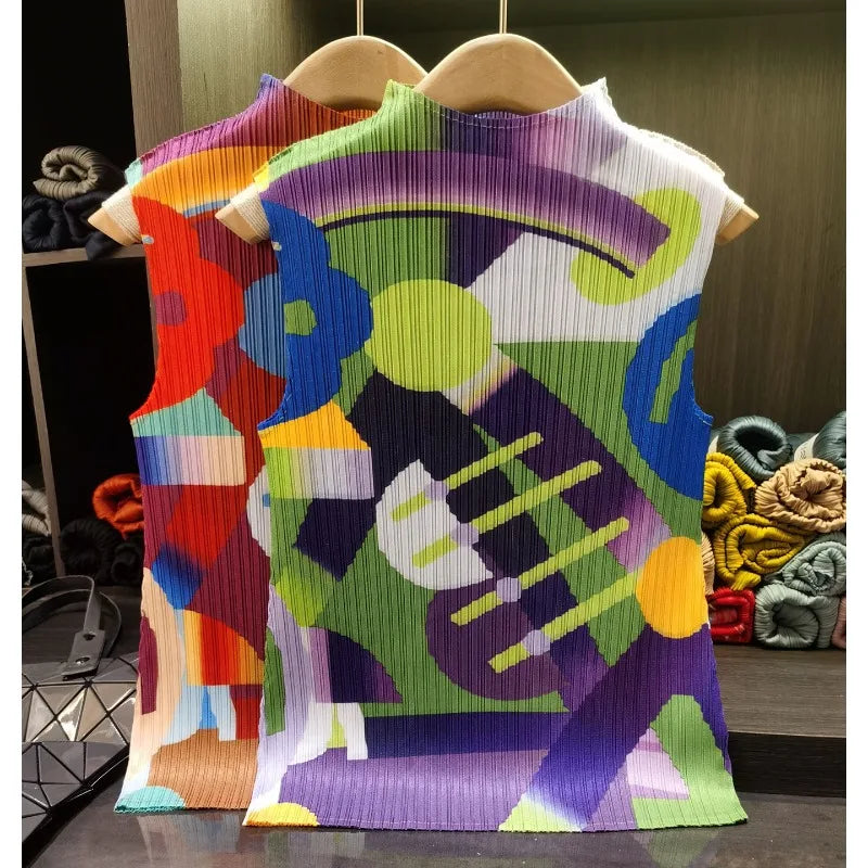 Miyake Pleated T-Shirt 2026 Summer New Art Print Half High Neck Vest Elegant Sleeveless Simple Fashion Tight Elastic Draped Top