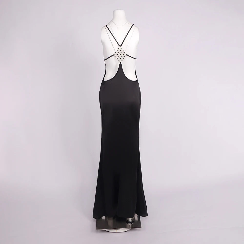VC 2026 Sexy Backless Satin Maxi Dress For Women Spaghetti Strap Crystal Back Evening Dress Elegant Bodycon Party Slim Fit Dress