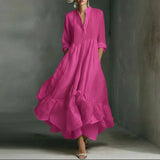 Women's Casual Dresses 2026 Spring Elegant V Neck High Waist A-Line Long Dress Retro Solid 3/4 Sleeve Ruffle Hem Boho Maxi Dress
