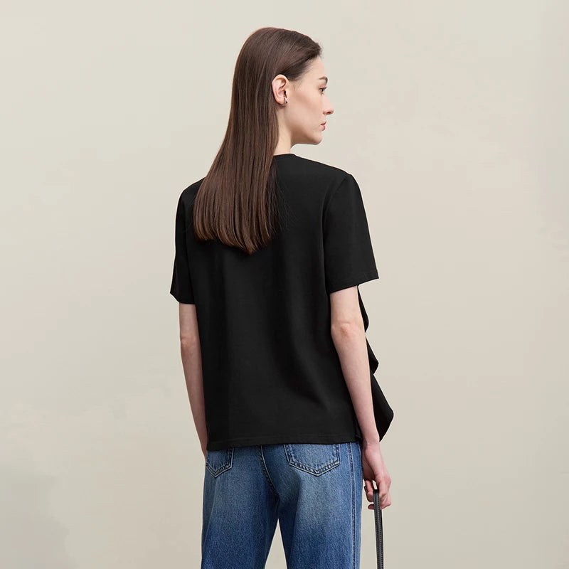 Amii Women's T-Shirt 2026 Summer New Round Neck Ruffle Hem Cotton Tee Lace Trim Short Sleeve Loose Fit Top For Women 12642012