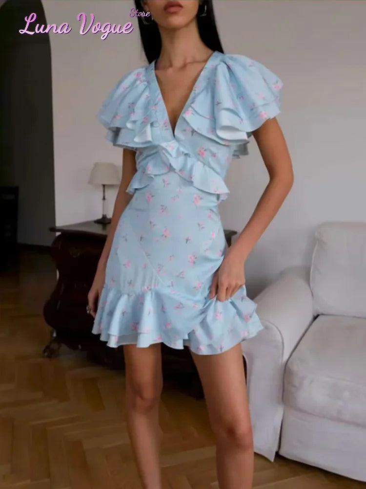 Women Floral Printed V-neck Mini Dress Fashion Half Sleeve High Waist Ruffle Slim Dresses 2026 Summer Elegant Lady Vacation Wear