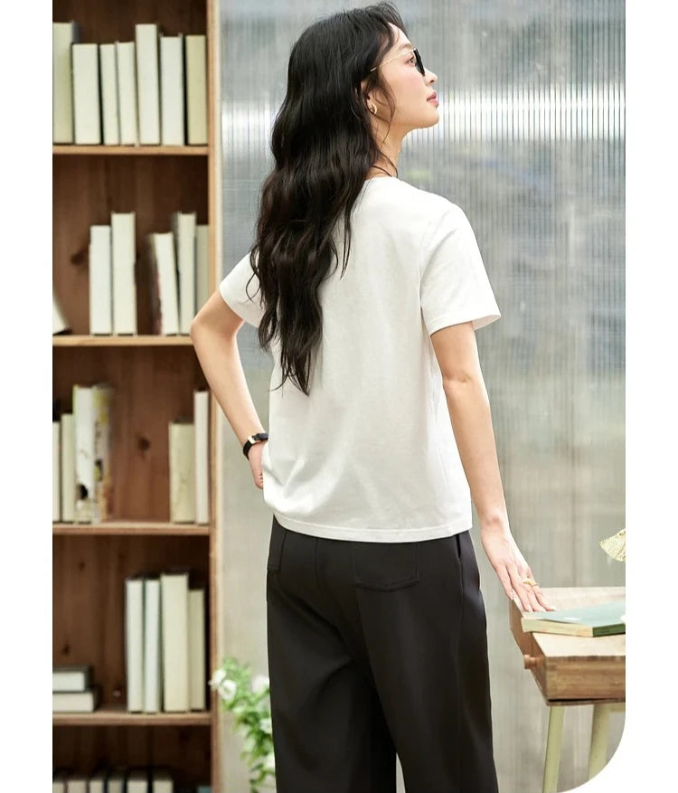 VIMLY Women's White Short Sleeve T-shirt 2026 Simple T Shirt Summer Tops for Woman Sequined Embroidered Tee Shirts A1516