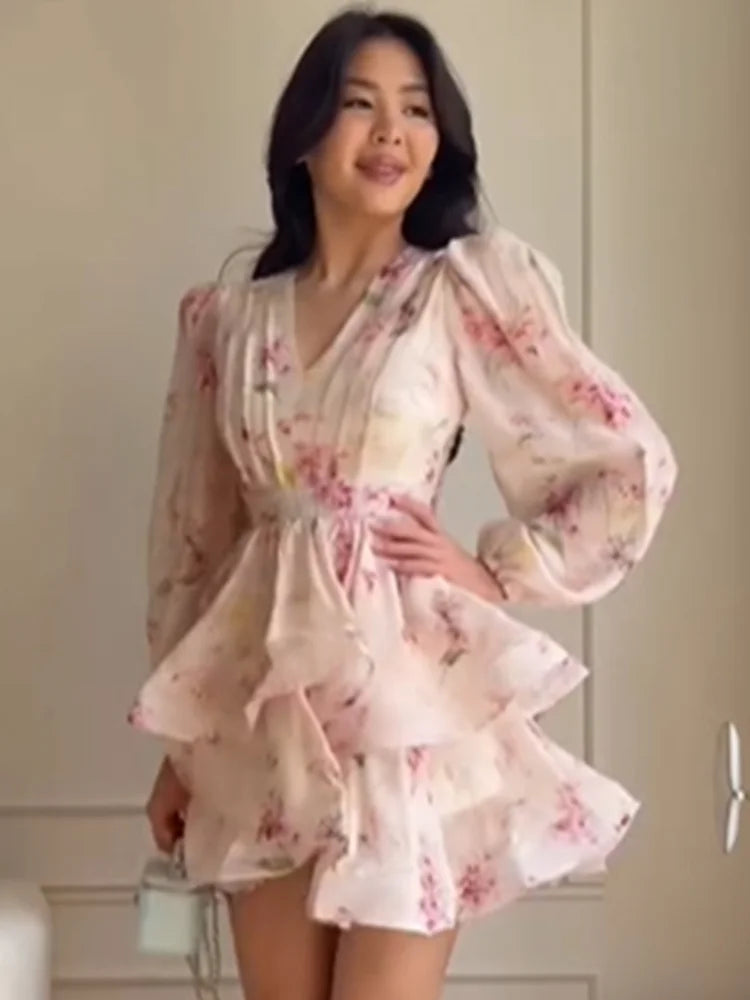 Elegant Floral Printed Mini Dress Women Chic V-neck Full Sleeves Single Breasted Slim A-line Short Dresses 2026 Lady Party Robes