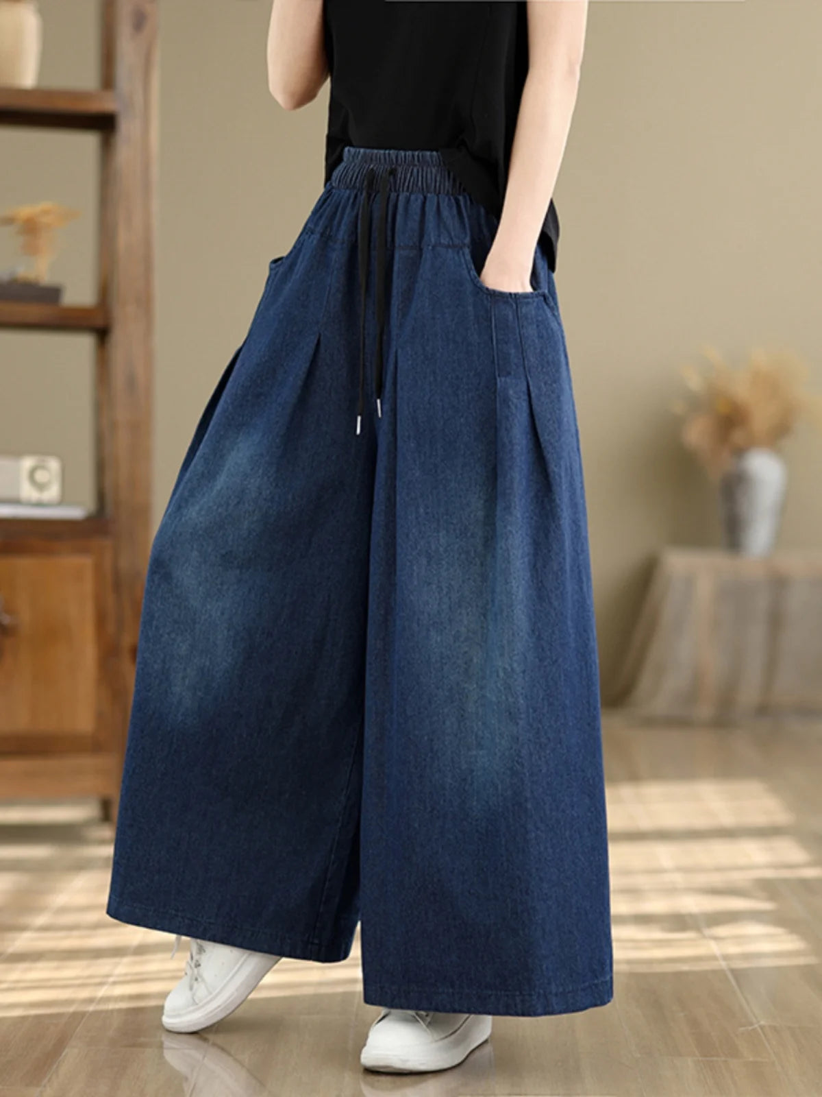 553 Women Blue Jeans Wide Leg Elastic Waist Solid Color Loose Casual Simple Basic Denim Pants Female Easy Match Spring Trousers