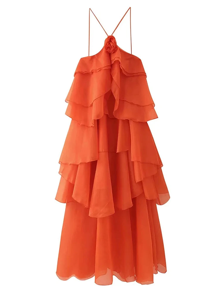 TWOTWINSTYLE Solid Spliced Ruffles Elegant Dresses For Women Halter Sleeveless High Wasit Backless Loose Dress Female Fashion