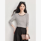 VIMLY Vintage Black White Striped T-shirt Women's 2026 Autumn Lace Spliced Long Sleeve Tees Commuter Elegant Tops Female A7255