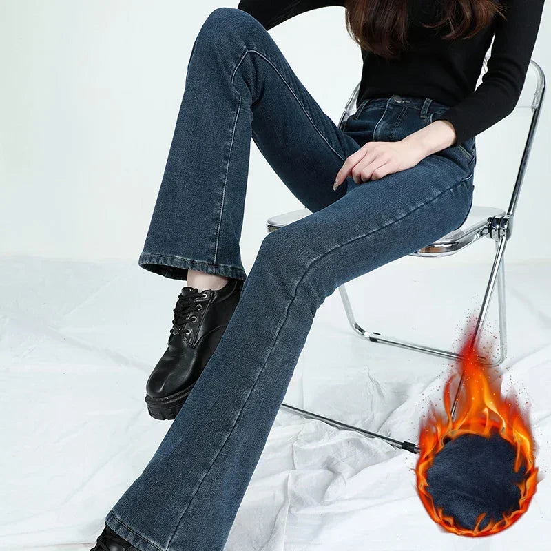 2024 Winter Fleece Women's Flare Pants Retro Slim High Waist Elastic Cotton Thick Warm Denim Pants Fashion Korean Female Clothes