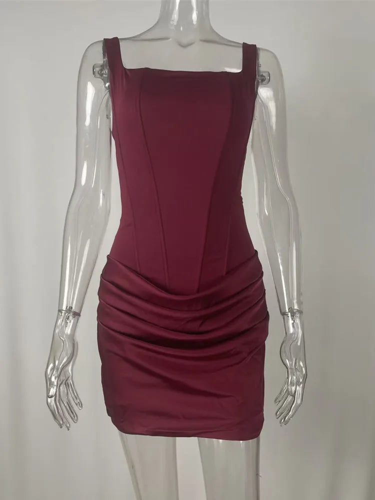 Mozision Backless Ruched Sexy Mini Dress Women Elegant Tapered Straps Square Collar Sleeveless High Waist Club Party Dress