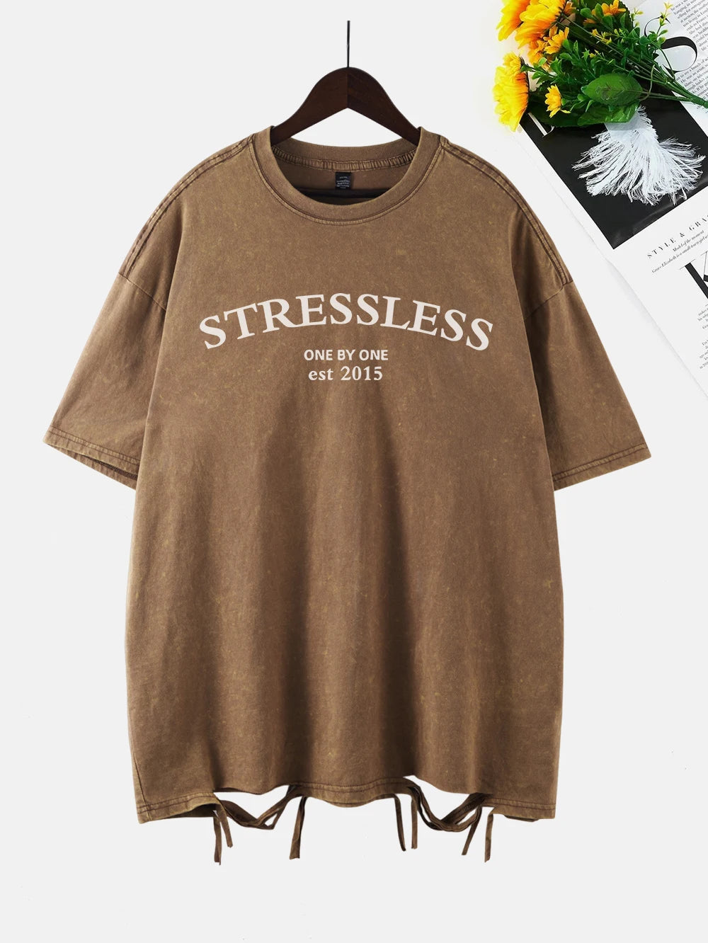 Stressless Letter Printing Washed T-Shirt Women Cottont Shirts O-Neck Oversized Acid Wash Short Sleeve Tops Casual Woman Clothes