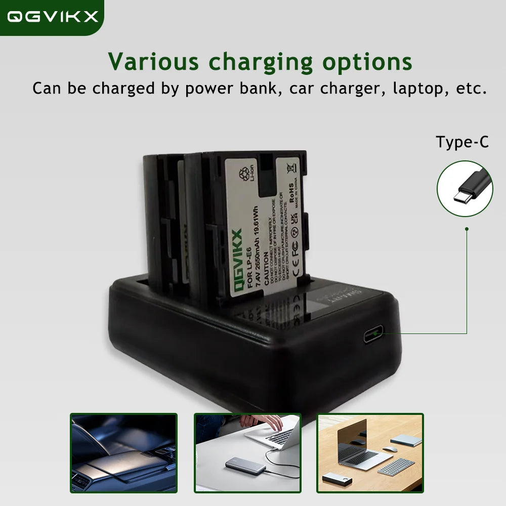 QGVIKX LP E6NH Compatible with Canon EOS R7 7.4V 2600mAh POWER BATTERY CAPACITY 19.24Wh 2-Pack Battery and Triple Slot Charger