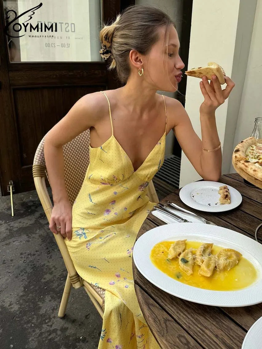 Oymimi Casual Yellow Print Women's Dress Elegant Spaghetti Strap Open Back Dresses Autumn Fashion High Waist Ankle-Length Dress