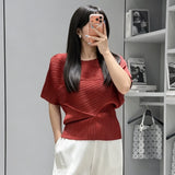 Pleated Top 2026 New Round Neck Short Sleeve Batwing T-Shirt Women Summer Lightweight Vacation Travel Women's Clothing