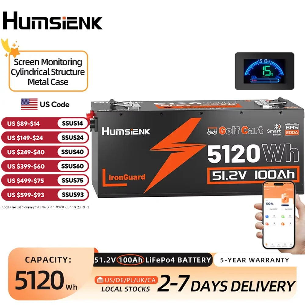 Humsienk 48V 100Ah LiFePO4 Rechargeable Bluetooth Battery With Cylindrical Structure Metal Case&200A BMS Max 5120Wh For Golf Car