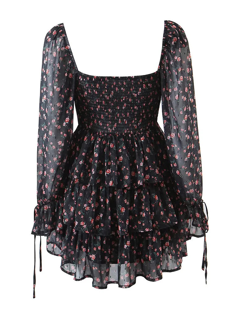 YENKYE Autumn Fashion Women Vintage Floral Print Chiffon Dress Sexy Semi-Sheer Long Sleeve Layered Ruffle Ladies Short Dress