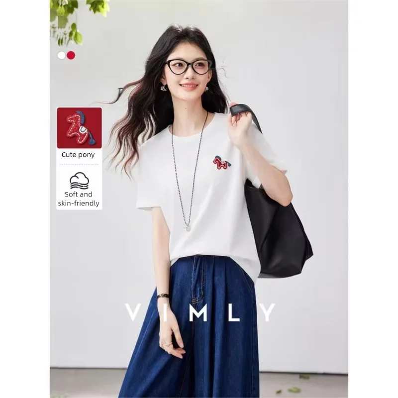 VIMLY Women's Casual Versatile Red T-Shirt 2026 Summer New Office Fashion Fun Pony Embroidery Crew Neck Short Sleeve Top A6279