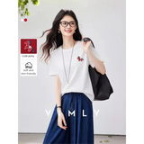 VIMLY Women's Casual Versatile Red T-Shirt 2026 Summer New Office Fashion Fun Pony Embroidery Crew Neck Short Sleeve Top A6279