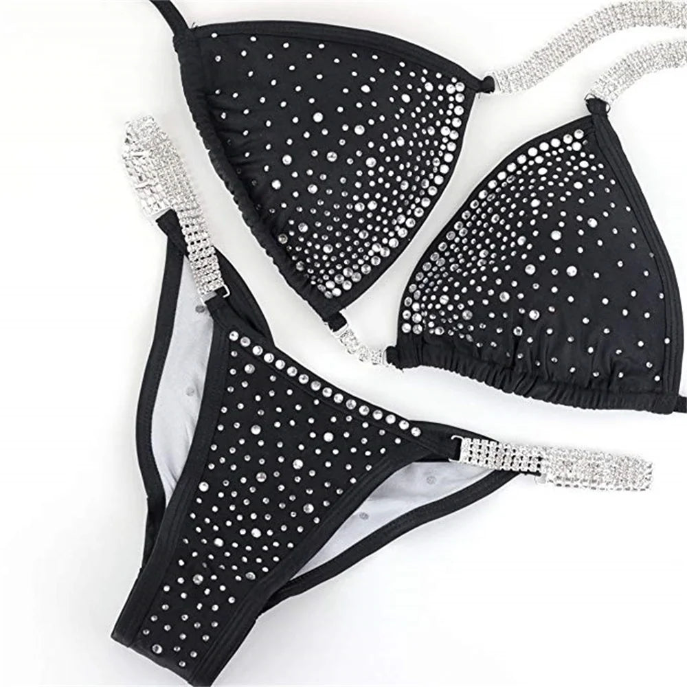 NPC IFBB Competition Bikini Suit for Women, Rhinestone Connectors, Scrunch Bikini, Sky Blue