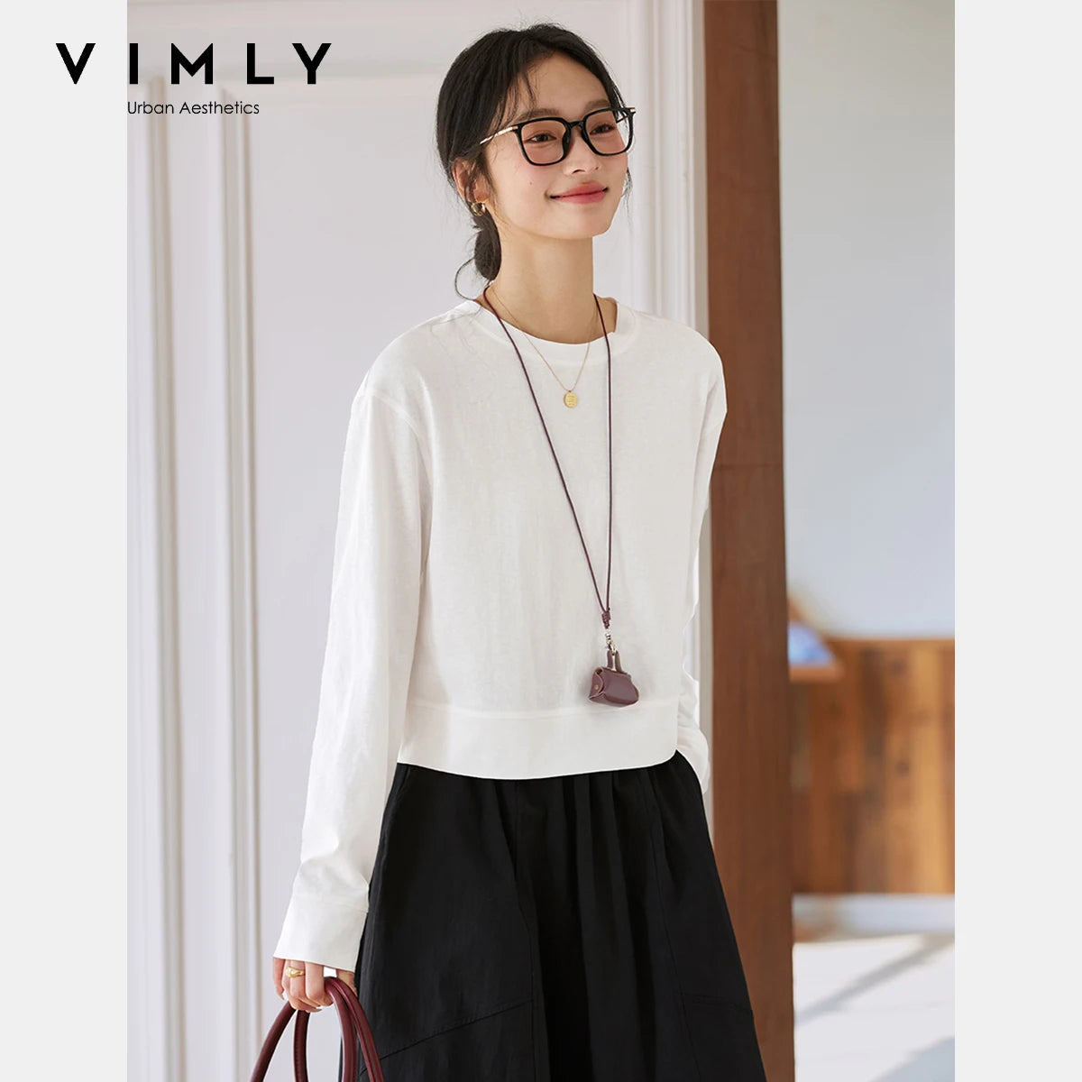 VIMLY Women's Cotton White Tees 2026 Spring Round Neck Pullover Long Sleeve T-shirt Casual Loose Tops for Woman Clothes A0712