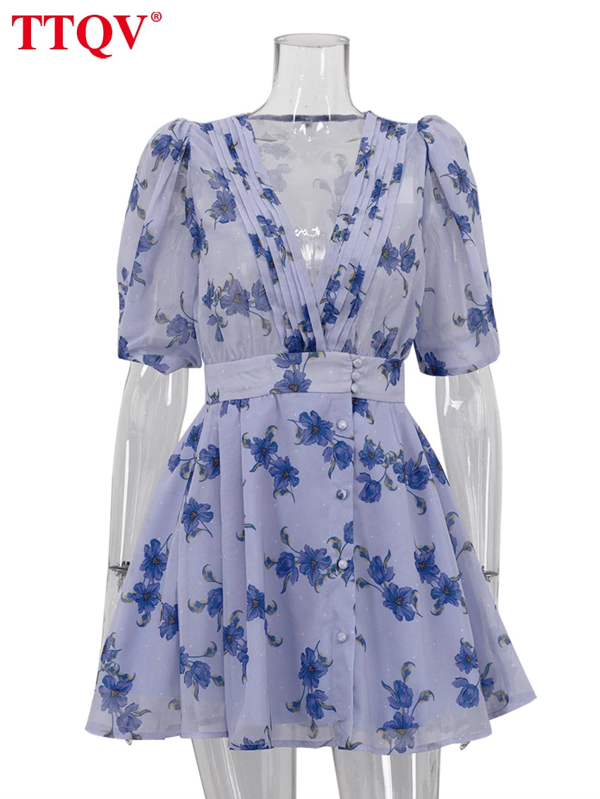 TTQV Fashion Loose Print Women Dress 2025 Sexy Deep V-Neck Short Sleeve Mini Dresses Elegant Classic High Waist Female Dress