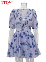 TTQV Fashion Loose Print Women Dress 2025 Sexy Deep V-Neck Short Sleeve Mini Dresses Elegant Classic High Waist Female Dress