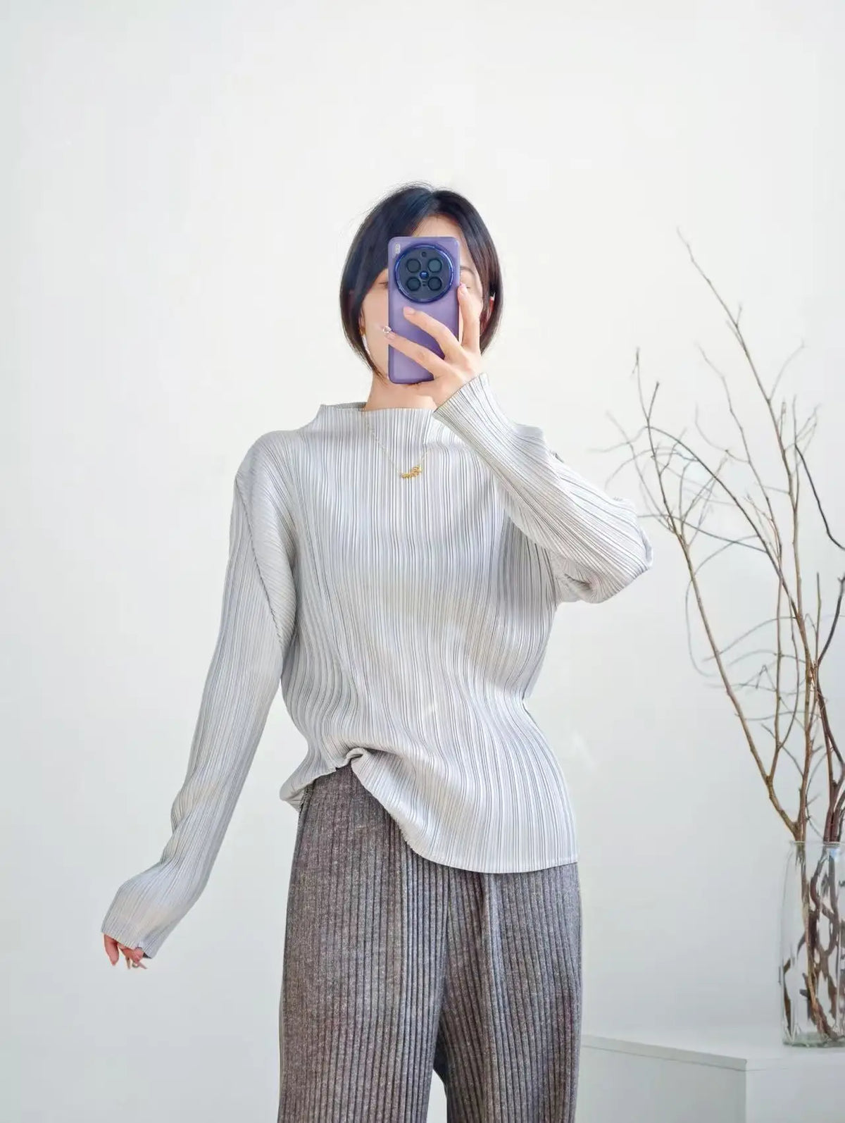 Miyake Pleated Turtle Neck Long Sleeve Top Stylish Black Lightweight Wrinkle Resistant Women's Casual Simple Fashion Shirt