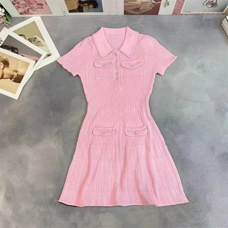 2025 Spring/Summer New Polo Neck Short Sleeve Knitted Dress Y2K Fashion Commuter Elastic Slim Fit Multi Pocket Wrapped Hip Skirt