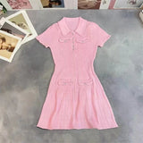 2025 Spring/Summer New Polo Neck Short Sleeve Knitted Dress Y2K Fashion Commuter Elastic Slim Fit Multi Pocket Wrapped Hip Skirt