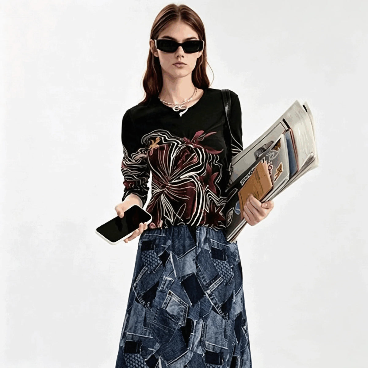 Spanish original single women's T-shirt elastic slim fit embroidered printed long sleeved new top