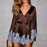 Sexy Chic Brown Lace Satin Womens Dress Spring Deep V Neck Hollow Mini Dress Autumn Long Sleeve Sashes Homewear Night Gown Mujer